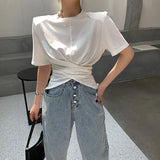 Patcute   New Summer Solid Cross Women's T-Shirts Short Sleeve O-Neck Front Split Bottoming Minimalist Shirts Chic Long Tops Female