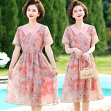 Patcute  PINK Floral Pinted Elegant Dresses Women Summer New lapel Neck Slim A-Line Button Party Holiday Chiffon Dresses