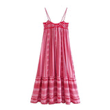 Patcute Boho Pink Spliced Crochet Strap Dresses For Women Robe Vintage Sleeveless Backless Summer Maxi Dress Loose Beach Wear