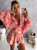 Patcute  Deep V Neck Jumpsuit for Women, Boho Beach Vacation Outfit, Sexy Lantern Sleeve Rompers, Casual Shorts, Summer Fashion