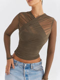 Patcute  Mozision Sheer Mesh Long Sleeve Sexy T-shirt Women  Autumn New V Neck Zipper Layered Skinny Club Party Sexy Tops
