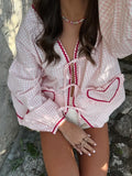 Patcute  Sweet Plaid Print Heart Contrasting Colors Shirt Elegant Woman V-neck Long Lantern Sleeve Lace Up Blouse 2024 Casual Lady Tops