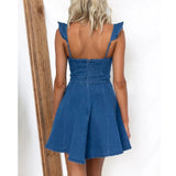 Patcute  Women Summer Jeans Dresses Casual Ruffles Spaghetti Straps Denim Backless Mini Dress  ﻿