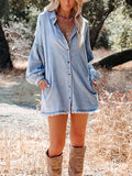 Patcute  Denim Shirt Dress Women Turn-Down Collar Long Sleeve Dresses Female Fashion Single Breasted Casual Loose Dress With Pockets