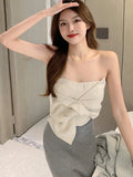 Patcute Bow Tube Tops Women White Strapless Corset Tops Summer Basic Backless Off Shoulder Crop Top Bustier Casual Streetwear