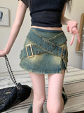 Patcute  Y2k Street Washed Belted Denim Shorts Skirts Women American Retro Sexy Zipper Back High Waist A-line Jeans Shorts