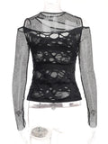 Patcute  New Gothic Mesh Hole Long Sleeve T-Shirts Women's Mock Neck Slim Fit Fishnet Sheer Blouse Cut Out Rave Tops See Through Top