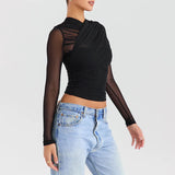 Patcute Sheer Mesh Long Sleeve Sexy T-shirt Women 2024 New Casual V Neck Zipper Layered Skinny Club Party Skinny Pullover Crop Tops