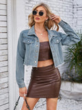 Patcute   Single Breasted Raw Hem Crop Denim Jacket Women Vintage Streetwear Long Sleeve Jean Coat Female Casual Spring New 2024