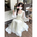 Patcute Women Summer Dress French Gentle Wind White Long-sleeved Dress Fairy Clothing Seaside Holiday Fairy Dress for Women