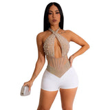 Patcute  Mesh Rhinestone Beaded Playsuits Halter Jumpsuit Night Club Outfits For Women Backless Rompers Party Bodycon Jumpsuits Shorts