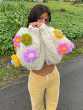 Patcute  Handmade Crochet Flower Cardigans Coats Women Sweater  Autumn Lantern Sleeve Button High Street Sweet Tops Pull Mujer