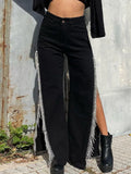 Patcute  Slit Chain Rhinestone Jeans Woman Loose Casual Cargo Black Pants Femme Streetwear  Summer Long Baggy Y2k Jeans Women