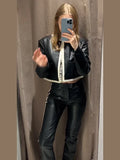 Patcute  2024 New Fashion O Neck Contrasting Colors Slim Leather Suit For Women Short Tops Long Pant 2 Piece Set Vintage Lady Outfit