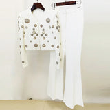 Patcute   New Fashion High Quality Diamonds Beaded Blazer Suits Coats Women Sets White Blazer Jackets Wide Leg Long Pants Suits