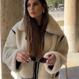 Patcute   Autumn/Winter New Versatile Contrast Color Fur Integrated Lamb Fleece Warm Thickened Jacket Coat for Women