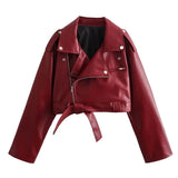 Patcute   Bandage Red PU Jackets For Women Fashion Zipper Turn Collar Lace Up Coat Womens Winter Street Casual Short Jacket Woman