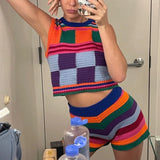 Patcute   Color Block Knitted Two Piece Set Women Crochet Sleeveless Tank Crop Top Vest + High Waist Shorts Y2K Matching Tracksuit