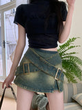 Patcute  Y2k Street Washed Belted Denim Shorts Skirts Women American Retro Sexy Zipper Back High Waist A-line Jeans Shorts