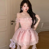 Patcute  Summer Sweet Pink Fairy Dress Women Japanese Off Shoulder Sexy Kawaii Lolita Dress Female Casual Korean Style Party Mini Dresses