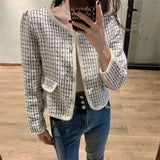 Patcute  Spring Autumn Fashion Vintage French Coat O Neck Contrast Color Plaid Long Sleeve Jaquetas Bird Lattice Single-breasted Jacket