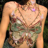 Patcute  Sexy Woman Crystal Chain Butterfly Embroidery Sleeveless Backless Adjustable Ultra Short Top Music Prom