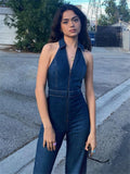 Patcute   Y2k Denim Jumpsuit Women 2023 New V-Neck Sleeveless Slim Bodycon Jumpsuits Overalls Streetwear One Piece Outfits Jeans