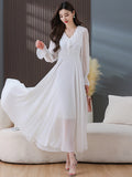 Patcute  Spring Summer Chiffon White Long Sleeve Midi Dress Women Clothing Elegant 2024 Fashion Tunics Korean Vintage Casual Prom Dresses
