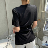 Patcute   New Summer Solid Cross Women's T-Shirts Short Sleeve O-Neck Front Split Bottoming Minimalist Shirts Chic Long Tops Female