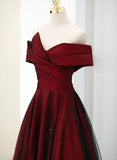 Patcute 2024 A-line Off Shoulder Wine Red Tulle Long Party Dress, Wine Red and Black Prom Dress