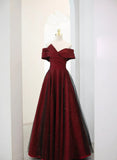 Patcute 2024 A-line Off Shoulder Wine Red Tulle Long Party Dress, Wine Red and Black Prom Dress