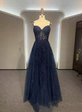 Patcute 2024 Navy Blue A-line Tulle with Lace Prom Dress, Navy Blue Long Party Dress