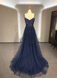 Patcute 2024 Navy Blue A-line Tulle with Lace Prom Dress, Navy Blue Long Party Dress