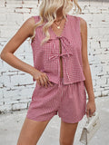 Patcute Lovelet Tied Plaid V-Neck Vest and Shorts Set