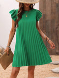 Patcute Pleated Round Neck Cap Sleeve Mini Dress