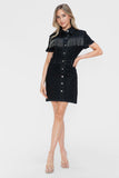 Patcute  Full Size Embellished Button Down Short Sleeve Denim Dress