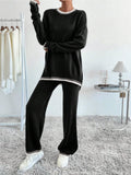 Patcute Side Slit Contrast Trim Round Neck Top and Pants Sweater Set