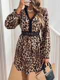 Patcute Lace Detail Leopard Flounce Sleeve Mini Dress