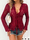 Patcute Tied V-Neck Long Sleeve Lace Top