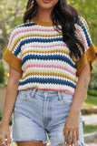 Patcute Contrast Round Neck Short Sleeve Sweater