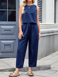 Patcute Lovelet Plaid Round Neck Sleeveless Top and Pants Set