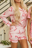 Patcute Candy Cane Collared Neck Long Sleeve Top and Shorts Lounge Set