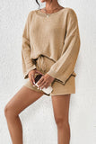 Patcute Round Neck Drop Shoulder Top and Shorts Sweater Set