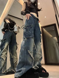 Patcute Vintage Y2k Women Black Baggy Cargo Jeans with Star Gothic Harajuku 90s Aesthetic Denim Trousers Kpop 2000s Jean Pants