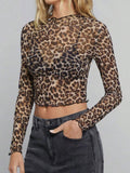 Patcute Leopard Mock Neck Long Sleeve Sheer Top