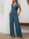 Patcute V-Neck Button Down Vest and Wide Leg Pants Set