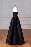 Patcute 2024 Black A-Line Straps Satin Long Party Dress, Black Long Prom Dress Evening Dress