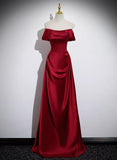 Patcute 2024 Wine Red Satin Off Shoulder Long Party Dress, A-line Satin Prom Dress