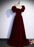 Patcute 2024 Wine Red A-line Short Sleeves Long Simple Party Dress, Wine Red Velvet Prom Dress