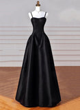 Patcute 2024 Black A-Line Straps Satin Long Party Dress, Black Long Prom Dress Evening Dress